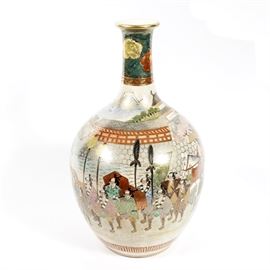 Antique Japanese Satsuma Vase: An antique Japanese Satsuma vase. The vase has a tall narrow neck and wider, rounded body. The vase is decorated throughout with a scene of a procession of men, some on foot and some riding horses. It has a crackled finish, and is painted in bright enameled colors and accented with gold luster. The vase likely dates from the late Meiji period (1868-1912). The underside is marked “Satsuma” (薩摩).