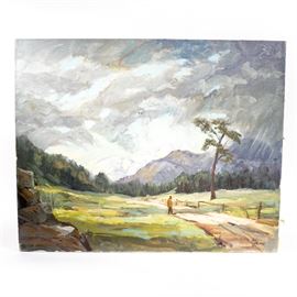 Judge Edward J. Hummer Original Oil Painting "Storm Clouds": An original signed oil painting on stretched canvas, titled Storm Clouds, by Colorado artist Judge Edward J. Hummer. The painting depicts a lone figure walking along a country road with mountains in the distance, and storm clouds looming. It is signed “H Hummer” to the lower right.