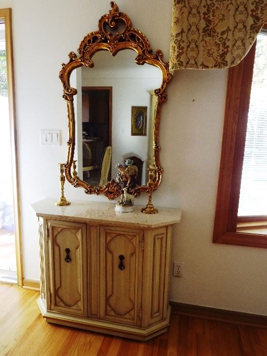 French Provencial console cabinet and ornate mirror