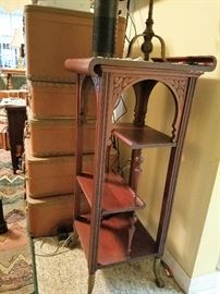 Antique Art Nouveau Etagere with wood ball and brass claw feet (side view)