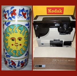 Umbrella Stand with Beaming Sun Face and Kodak Instamatic Movie Projector 