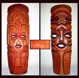 2 Tall African Masks, One Signed 
