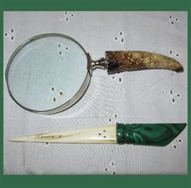Carved Bone Magnifying Glass and Malachite Handled Letter Opener 