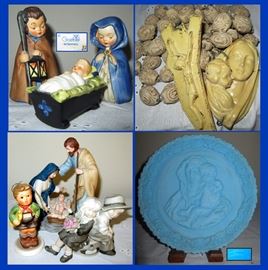 Goebel Small Nativity, Unique Large Ceramic Rosary, Figurines and Fenton Madonna and Child Plate  