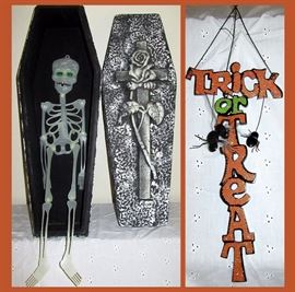 Coffin with Glow in the Dark Skeleton and Trick or Treat Sign  