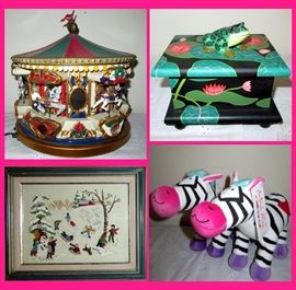 Loads of Really Cute Items in this Sale, The Carousel is Fully Functional and The Framed Skaters are Needlepoint 