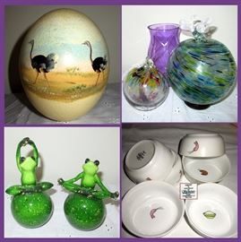 Painted Ostrich Egg, Blown Glass Balls, Cute Frogs and Cute Little Shrimp Dishes 