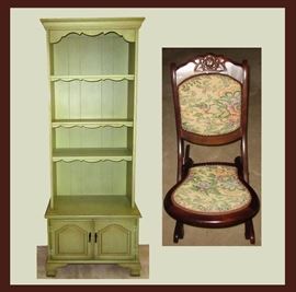 Tall Vintage Bookcase with Cabinet and Small Antique Rocking Chair 
