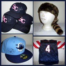 Signed Stone Crabs Caps and Shirt and a Coonskin Hat 