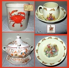Small Crock with Crab, Bunnykins Cup and Bowl and Soup Tureen 