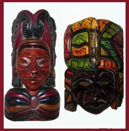 2 Colorful Carved Wooden Masks 