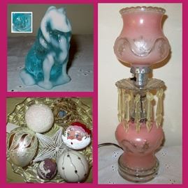 Mosser Opalescent Glass Collie, Hand Painted Christmas Ornaments and Vintage Glass Lamp with Prisms 