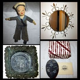 Vintage Norah Wellings Sailor Doll, Metal MCM Mirror, Cast Iron Ashtray Made in Paris France and Indonesian Batik Box 