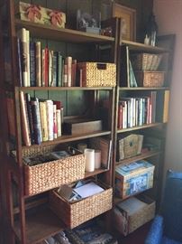 Mid-Century bookcases, wicker storage baskets, books and more!