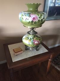 Side Table with marble insert and 1920's circa glass lamp - table set of 3 nesting tables