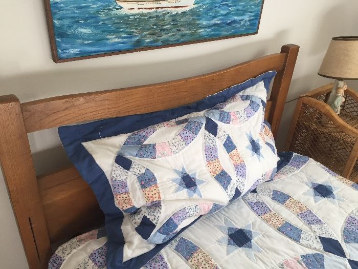 Twin beds:  headboard, frame, mattress set - 2 available, Quilts set with Sham - Also:  an Antique quilt available