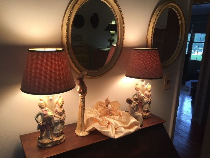 Vintage porcelain lamps, round mirror and secretary writing desk - mahogany