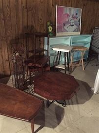 Collection of wooden and metal furniture:  side and coffee tables, bookcases - mid-century, tiered tables, racks and more!