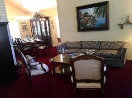 Living room and dining room furniture. Formal Queen Anne dining room set - table has extra leaves not shown and custom pads.