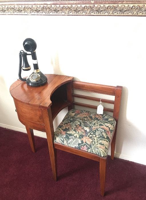 Telephone gossip bench and candlestick style telephone 