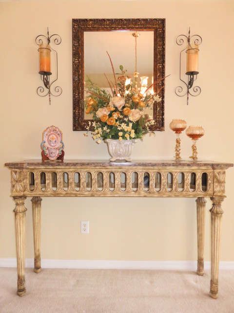 Marble Top Foyer Console Table, Candle Wall Sconce, Wall Mirror