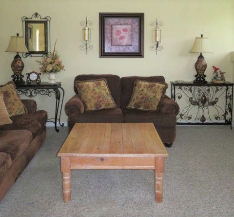 Lane Furniture Brown Upholstery Sofa & Matching Love Seat, Pine Coffee Table, Wood Scroll Metal Console Foyer Tables 