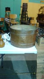 Copper pots, stools, old wine barrel, 