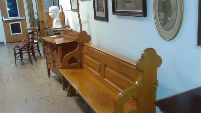 church pews, busts, art work, wash stand, curio cabinet