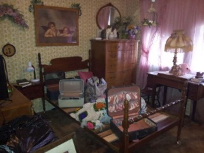 Sewing, vintage pecan bedroom set, vintage lamps, vintage blankets, vintage suitcases, vintage clothing 