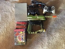 Slim PS2, controllers, gun and games