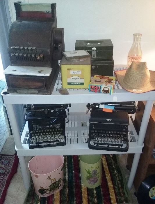 vintage typewriters, Antique cash register, Dairy bottle