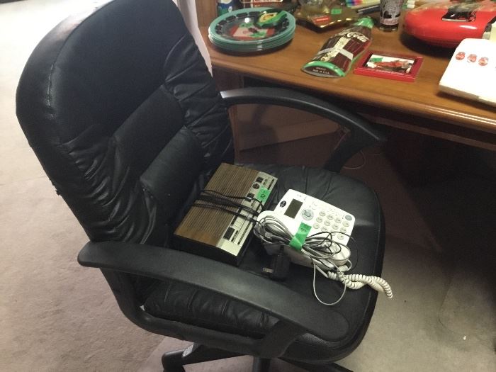 Office chair, phone, radio