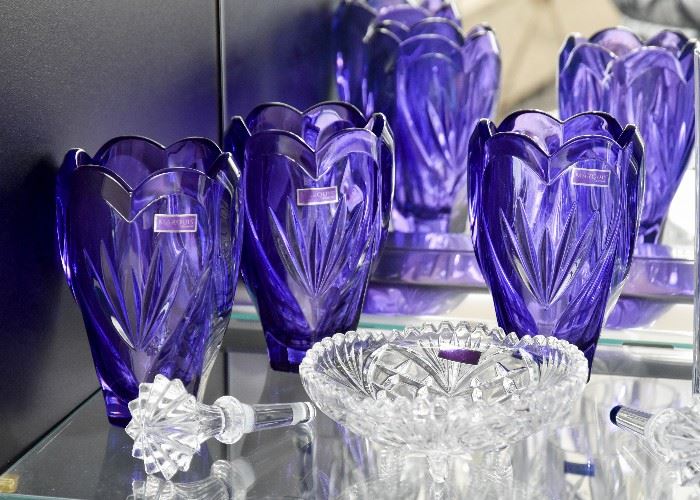 Purple Waterford Marquis Vases, Waterford Wine Stoppers