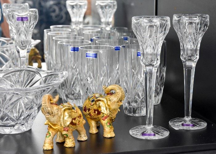 Elephant Figurines, Waterford Marquis Water Glasses & Champagne Flutes