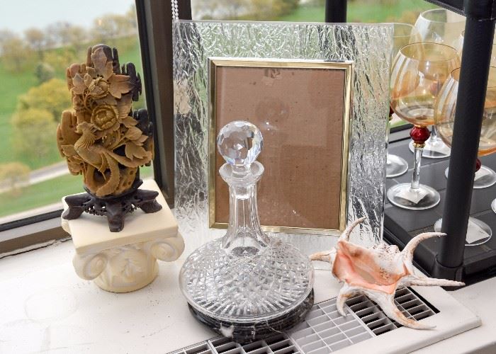 Glass Picture Frame, Crystal Decanter, Seashell, Chinese Soapstone Carving