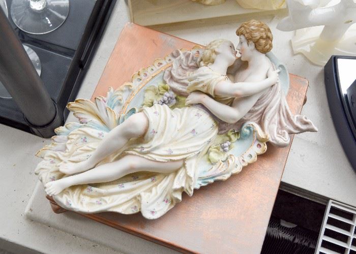 Antique Porcelain Relief Wall Plaque with Lovers