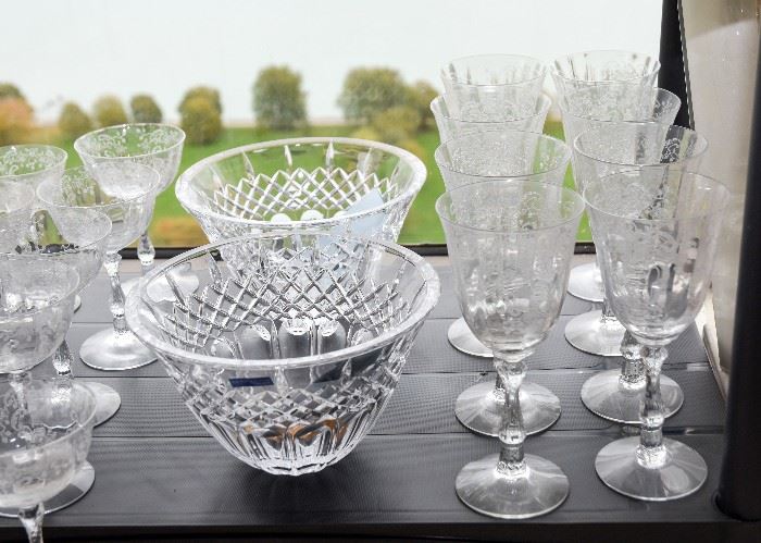 Vintage Etched Glass Stemware, Waterford Marquis Bowls