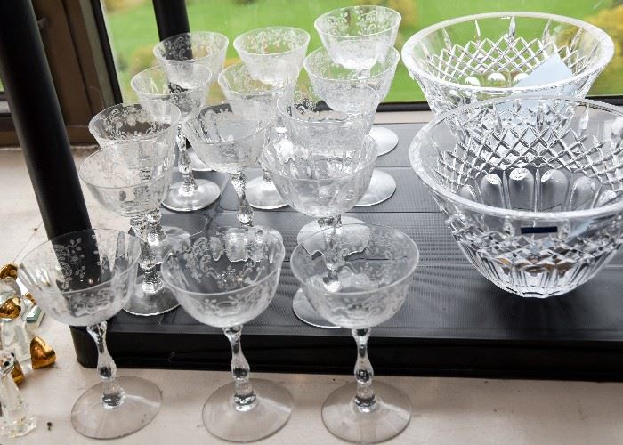 Vintage Etched Glass Stemware, Waterford Marquis Bowls