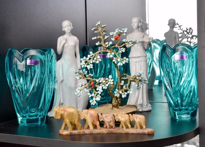 Aqua Waterford Marquis Vases, White Porcelain Lady Figurines, Bonsai Tree Figurine, Soapstone Elephant Carving