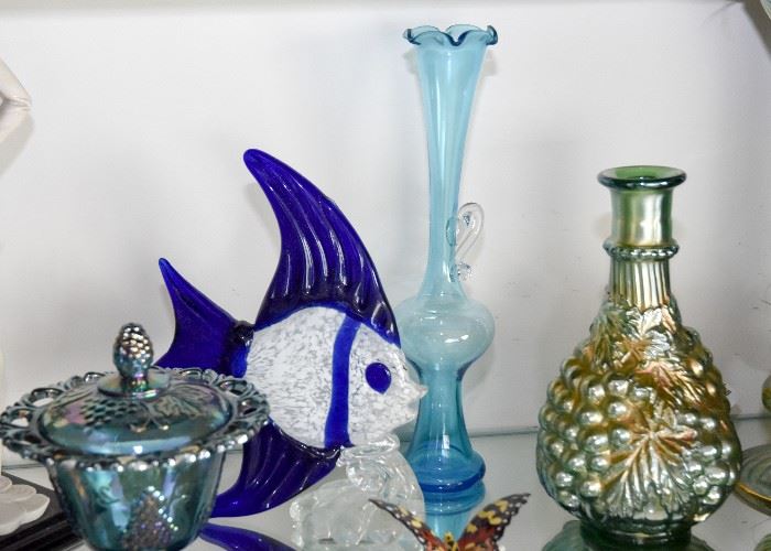 Hand Blown Glass Vase, Blue & White Art Glass Fish Figurine