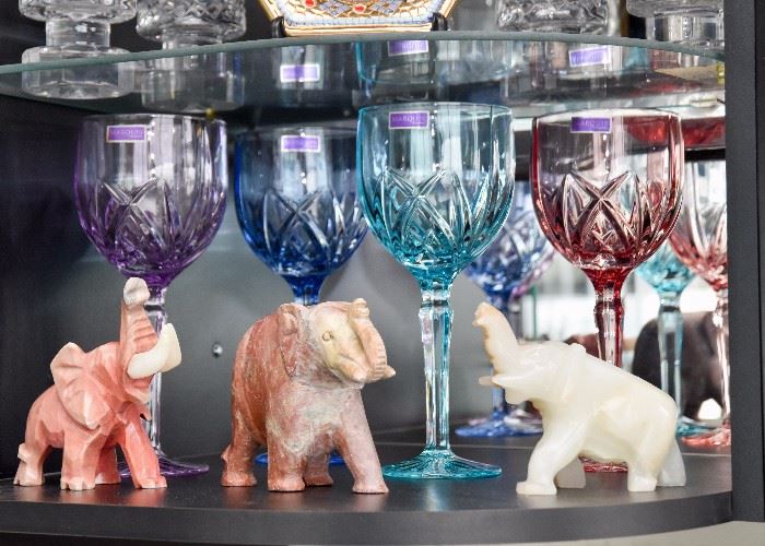 Colorful Waterford Marquis Wine Glasses (Set of 4) & Stone Carved Elephants
