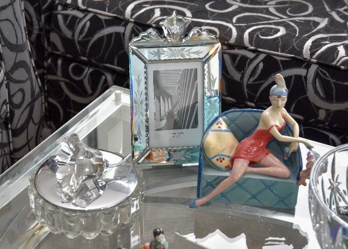 Glass Trinket Box, Etched Glass Picture Frame, Lady on Sofa Figurine