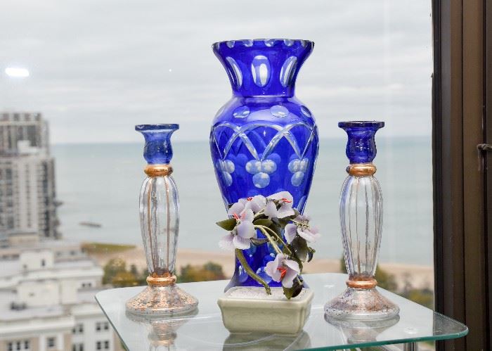 Blue Czech Glass Vase, Lovely Glass Candlesticks, Stone Bonsai Figurine