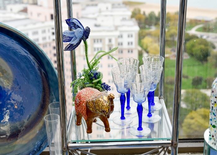 Beaded Flower Figure, Elephant Figurine, Blue & Etched Glass Stemware