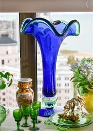 Large Blue Swung Glass Vase, Green Cordial Glasses, Oriental Vase