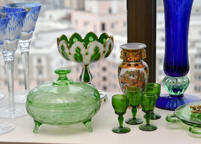 Green Depression Glass Candy Dish, Green Glass Cordials, Green/White/Gold Glass Pedestal Dish