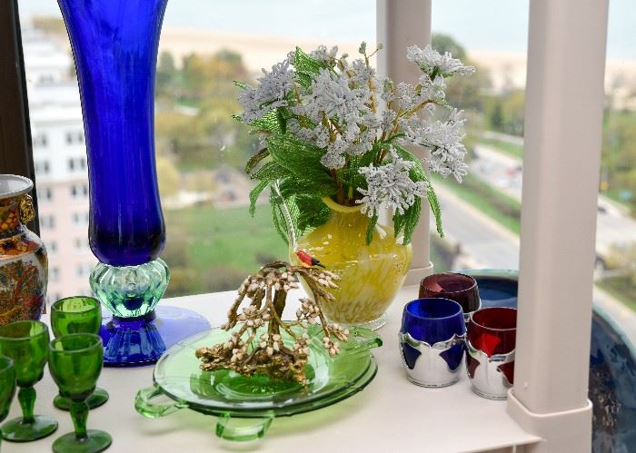Green Depression Glass Serving Plates, Bonsai Figurine, Yellow Art Glass Vase with Beaded Flowers, Shot Glasses