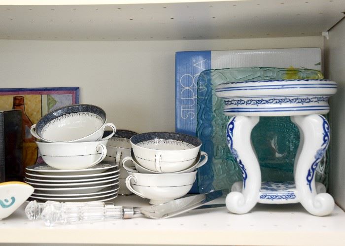 Soup Bowls, Blue & White Display Pedestal, Glass Plates, Crystal Serving Utensils