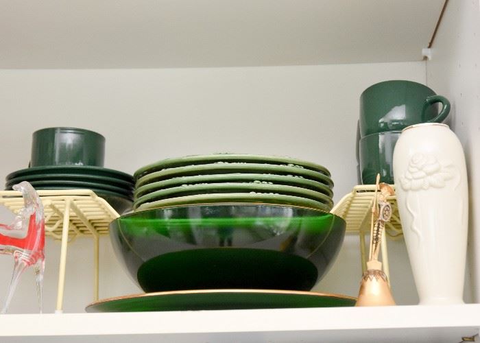Green Glass Serving Bowl & Plate, Green Dinnerware, Lenox Vase