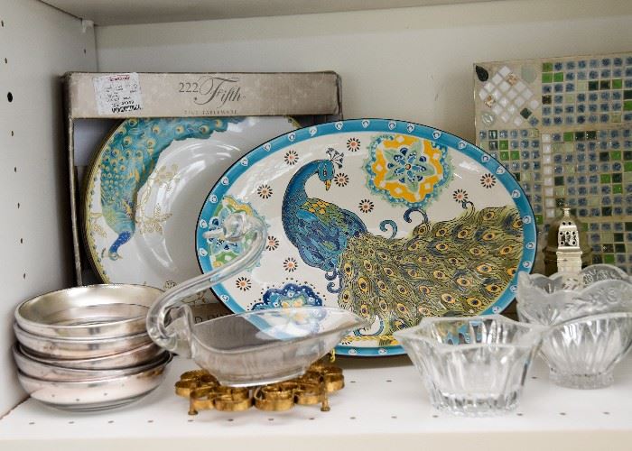 Peacock Dinner Plates, Peacock Serving Platter, Silverplate Rimmed Bowls, Glassware